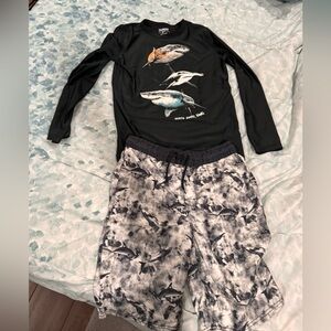 Like new - boys size 14 shark print rash guard and trunks, UV protection